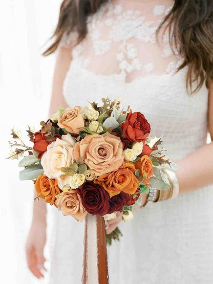 Rinlong 9" Wide Burnt Orange Wedding Bouquet for Bride Rustic Terracotta Artificial Flowers Bridal Bridesmaid Bouquet Prom