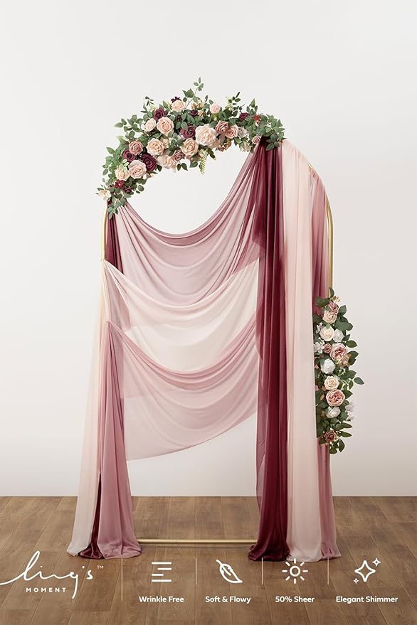 Ling's moment Wedding Arch Draping Fabric 3 Panels 20Ft Chiffon Fabric, Sheer Hanging Drapes Arrangement for Wedding Ceremony Backdrop Outdoors Party Swag Home Decor (Dusty Rose & Burgundy & Blush)