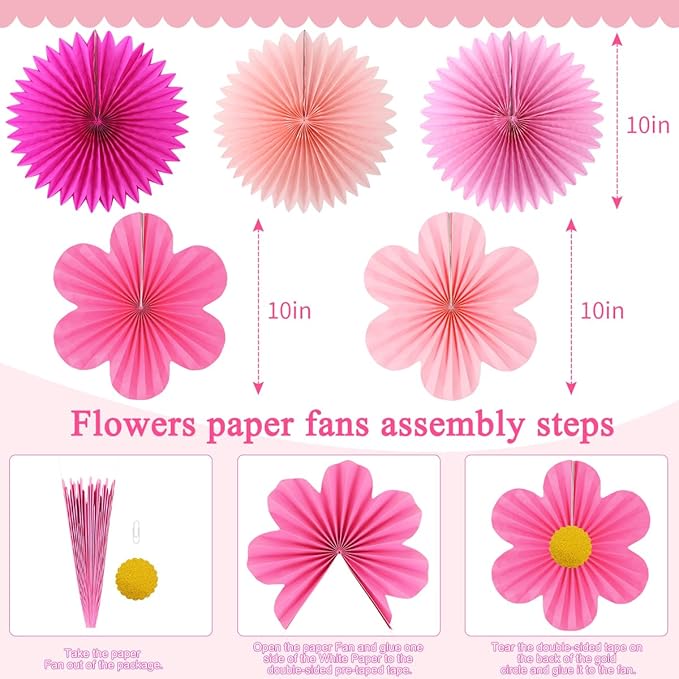 zilue Paper Fans Party Decorations Paper Flowers Decorations for Wall Classroom Floral Backdrop Baby Shower Birthday Party Flower Wall Decor Pack of 11 Pink