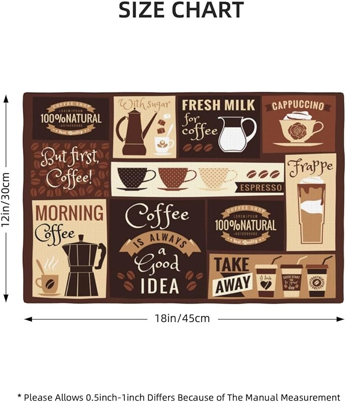 Coffee Table Placemats Set, Hot Mocha Latte Milk Typography on Scribble Backdrop, Set for Dining Table Decor 6 PCS, Cafe-2