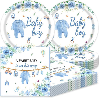 Blue Baby Shower Decorations Blue and White Paper Plates and Napkins Set Party Supplies for Gender Reveal Table Decor 40Pcs Baby Boy Shower Decorations