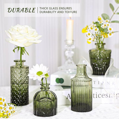 12pcs Glass Bud Vase Set, Small Green Flower Vases for Centerpieces in Bulk, Mini Vintage Vase for Wedding, Home,Table Decoration