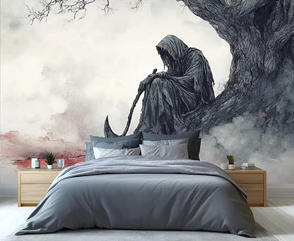 Grim Reaper Sitting Tree Wall Mural, Gothic Death 3D Wall Murals, Gothic Halloween Themed Wallpaper Mural, for Living Room Bedroom Large Wallpaper Indoor Decor 169.3" W x118.2 H