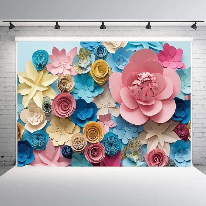 Paper Flower Backdrop for Mother's Day - Colorful Flowers Wall Photography Background - Lovely Style Blue Pink - Women Girls Birthday Party Decoration - Portraits Shooting Props (7x5ft)