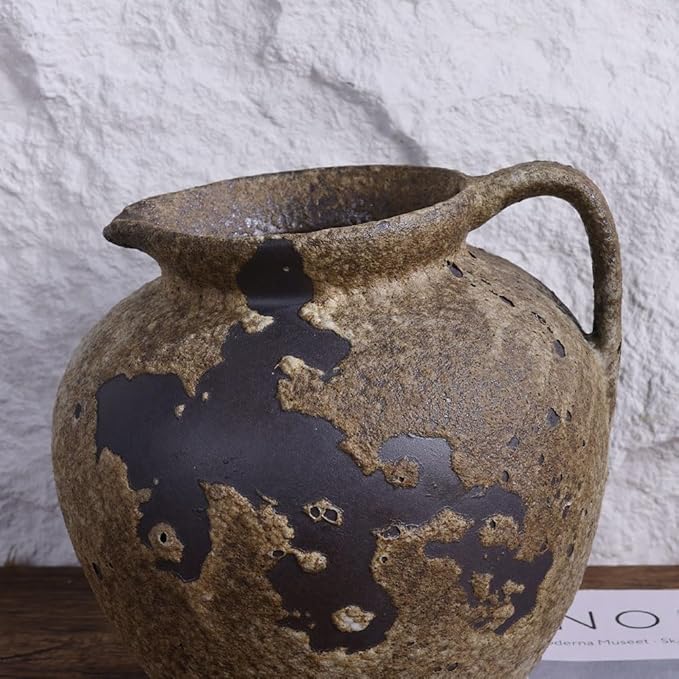 Rustic Vase with Handles, Farmhouse Vase for Home Decor, Wabi Sabi Decor Pottery Vases, Vintage Stone Terracotta Vases Suitable for Living Room, Fireplace, Shelf Decor, Dining Table Decorative