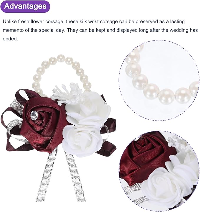 MECCANIXITY 6Pcs Wrist Corsage Artificial Flower Bracelets Rose Wrist Bride Groom Decorative for Wedding Ceremony Prom Party Anniversary Wine Red