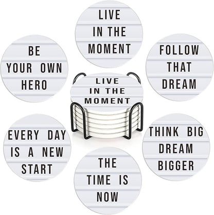 Coasters Set with Holder, 6 Pcs Motivation Quote Absorbent Ceramic Drink Pads, Non-Slip Table Protectors for Coffee & Glasses