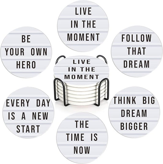 Coasters Set with Holder, 6 Pcs Motivation Quote Absorbent Ceramic Drink Pads, Non-Slip Table Protectors for Coffee & Glasses