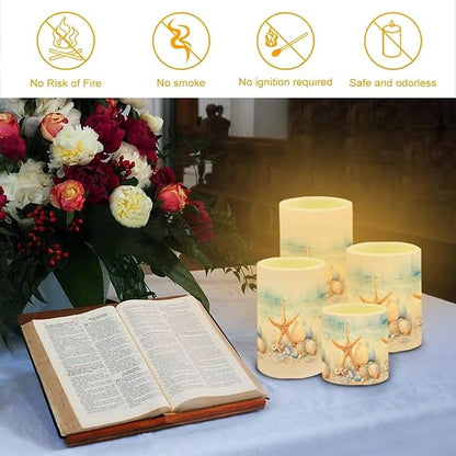 Flameless Candles Battery Powered LED Candles with Remote Timer Color Changing Control Long Lasting for Indoor Outdoor Home Coastal Decoration Pack of 4, Starfish Seashell Painting