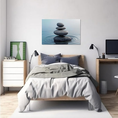 Zen wall art Harmonious grey stones stacked on a calm surface of water Serene Zen decor suitable for tranquil homes and spaces of meditation 28x40in Frameless