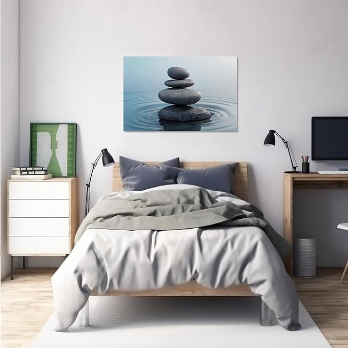 Zen wall art Harmonious grey stones stacked on a calm surface of water Serene Zen decor suitable for tranquil homes and spaces of meditation 16x24in Wood Framed