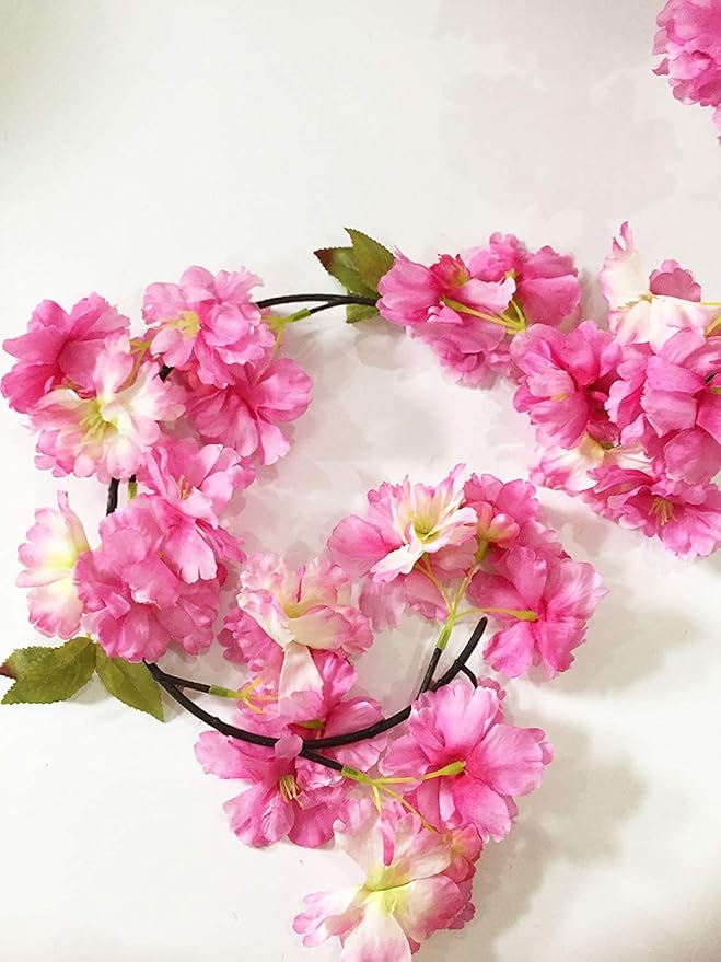 Artificial Cherry Blossom Vine Hanging Plants Faux Sakura Garland Fake Oriental Cherry Wreath Artificial Flower 5.8 FT Deep Pink