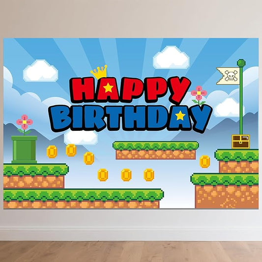 Cartoon Happy Birthday Backdrop, 150 * 100cm/5 * 3ft Video Game Themed Birthday Banner Cute Wall Hanging Decoration for Party Celebration Supplies