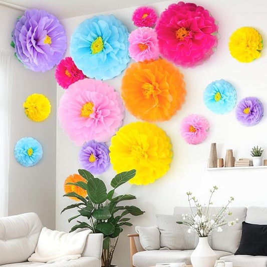 18 Pcs Large Tissue Paper Flowers Set 23.6"/11.8"/9.8" Giant Fiesta Mexican Paper Wall Flower for Carnival Wedding Birthday Bridal Shower Party Backdrops Centerpieces(Multicolor)