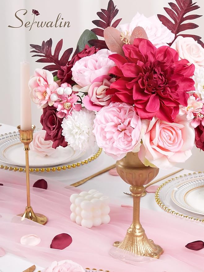 Serwalin Burgundy Hot Pink Artificial Flowers Silk Flowers Fake Cake Flowers Arrangements for DIY Wedding Bouquets Party Table Centerpieces Home Decorations Indoor Outdoor