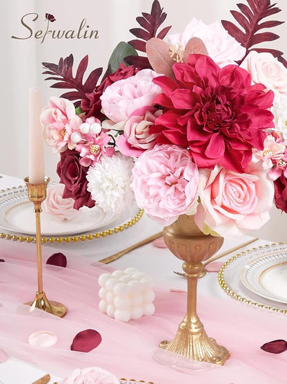 Serwalin Burgundy Hot Pink Artificial Flowers Silk Flowers Fake Cake Flowers Arrangements for DIY Wedding Bouquets Party Table Centerpieces Home Decorations Indoor Outdoor