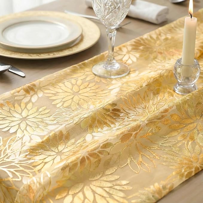 Artoid Mode Yellow Gold Dahlia Flower Gauze Table Runner 120 Inch 10FT, Glitter Metallic Foil Sheer Cheesecloth Dining Holiday Table Decor for Home Party