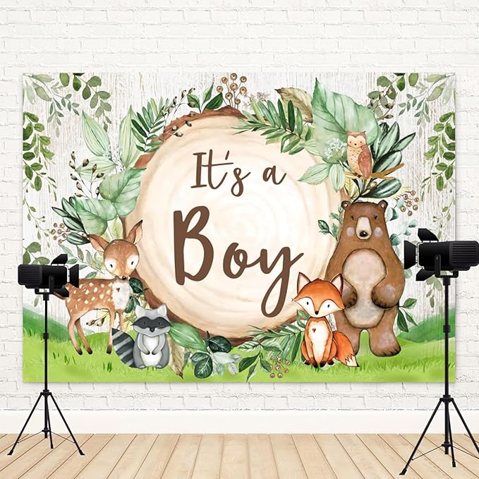 9x6ft Woodland Baby Shower Backdrop It's a Boy Photography Background Jungle Green Grass Safari Animals Bear Fox Baby Boys Party Banner Decorations Newborn Portrait Photo Booth Prop