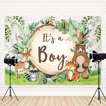 15x8ft Woodland Baby Shower Backdrop It's a Boy Photography Background Jungle Green Grass Safari Animals Bear Fox Baby Boys Party Banner Decorations Newborn Portrait Photo Booth Prop