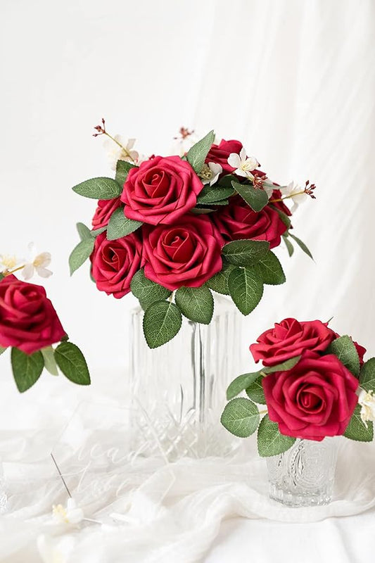 Ling's moment Artificial Flowers 25Pcs Hot Pink Roses Decor w/Stems,3" Real Touch DIY Foam Floral for Wedding Bouquet/Centerpieces, Outdoors Party Backdrop, Room/Table, and Garden/Pot Decorations
