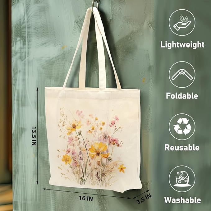 Aesthetic Floral Canvas Tote Bag for Women with Pocket, Tote Bags for Grocery Shopping Travel Christmas Birthday