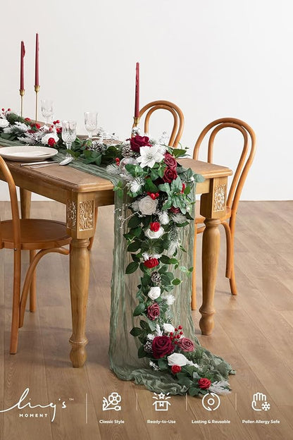 Ling's moment Christmas Eucalyptus Garland with Flowers 6FT，Table Runner with Flowers Marsala Mantle Decor Handcrafted Wedding Centerpieces for Rehearsal Dinner Bridal Shower | Red & White