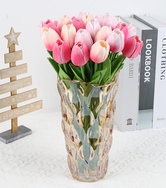 IPOPU Tulips Artificial Flowers 24pcs Multi Pink Flowers Artificial for Decoration Fake Tulips Fake Pink Flowers Floral Arrangements Faux Tulips for Table Home Wedding Centerpieces Decor (Multi Pink)