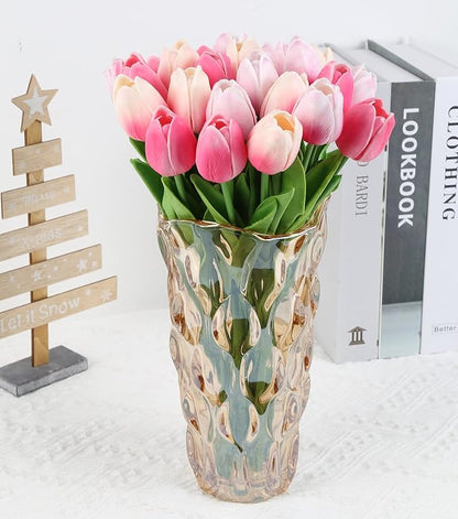 IPOPU Tulips Artificial Flowers 24pcs Multi Pink Flowers Artificial for Decoration Fake Tulips Fake Pink Flowers Floral Arrangements Faux Tulips for Table Home Wedding Centerpieces Decor (Multi Pink)
