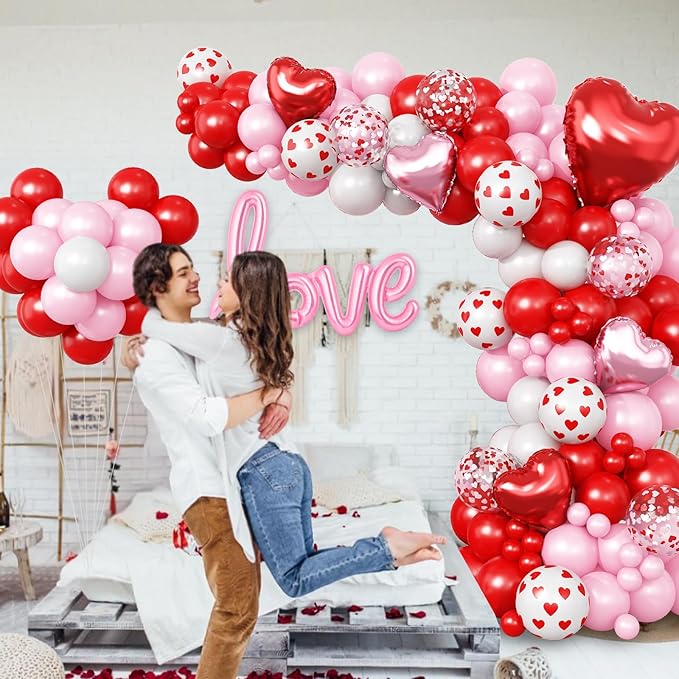 Valentines Day Balloon Arch Garland Kit, Red Pink White Heart Shaped Confetti Latex Balloon with Love Heart Foil Balloons for Happy Valentine Galentines Wedding Anniversary Birthday Party Decorations