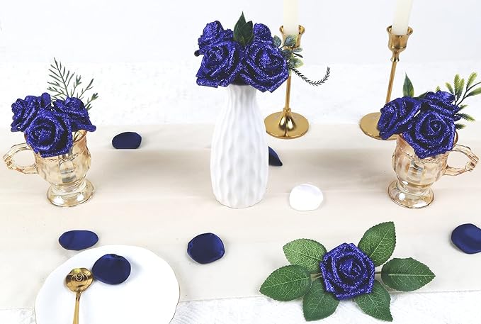 IPOPU Foam Roses, 25pcs Royal Blue Roses Glitter Flowers Artificial Rose with Stem for DIY Wedding Bridal Bouquet Home Party Decoration(Royal Blue)
