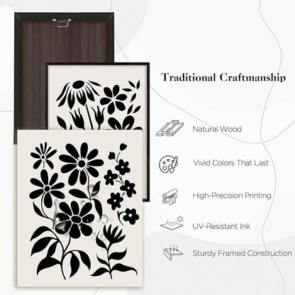 SERIMINO Black and White Wall Art Framed Bedroom Decor Aesthetic, Botanical Floral Canvas Wall Art for Living Room Boho, Set of 3 Flower Market Prints Farmhouse Wall Decor,20 x28 inch