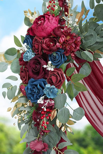 ponatia Artificial Wedding Arch Flowers Kit(Pack of 3), Burgundy Flowers with 26Ft Shiny Arch Draping Fabric, Navy Arch Flowers for Wedding Decoration, Wedding Ceremony Reception Backdrop Decorations