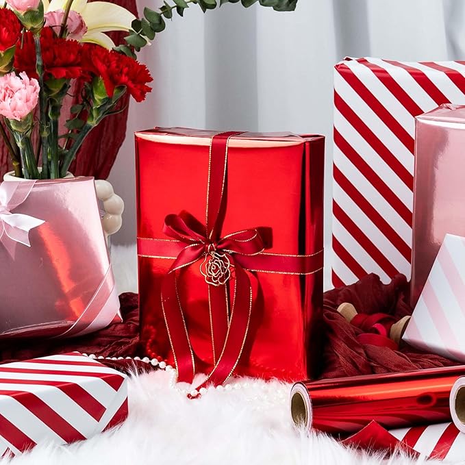 Merture Red Wrapping Paper Roll Reversible - 17 In X 32.8 Ft(46.5 sq.ft.) Metallic Red and Stripe Design Gift Wrap for Christmas, Mothers Day, Wedding, Birthday, Valentines Day, Bridal Shower