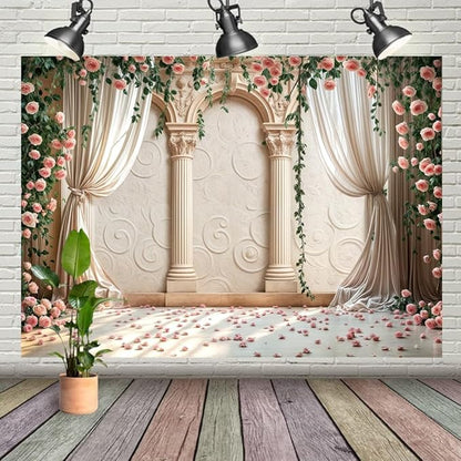 Wedding Party Backdrop, Floral Grass Wall White Sheer Curtain Flower Arch Photography Background, Greek Rose Wall Arch Lover Marriage Proposal Bridal Reception Photo Booth Props Banner 20x10ft
