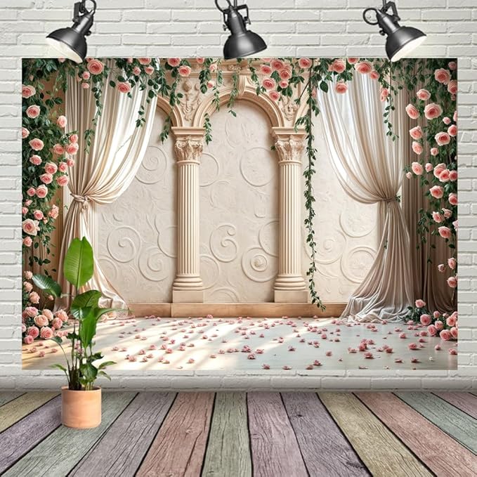 Wedding Party Backdrop, Floral Grass Wall White Sheer Curtain Flower Arch Photography Background, Greek Rose Wall Arch Lover Marriage Proposal Bridal Reception Photo Booth Props Banner 10x8ft