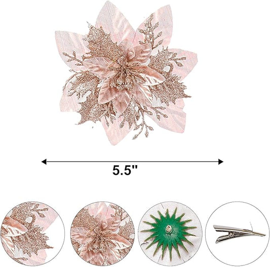 Zhuqing 15Pcs Christmas Poinsettia Artificial Flowers Decorations, Glitter Poinsettia Christmas Tree Ornaments, Rosegold Tree Flower for Xmas/Party/Holiday/Wreath/Garland Decor, with Cilps, 5.5 Inch