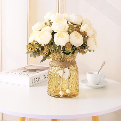 Fake Flowers in Vase,Fake Flowers with Vase 21 Pcs Faux Peony Flowers,Artificial Flowers for Home Decor, Indoor Centerpiece for Living Room & Dining Table (White)