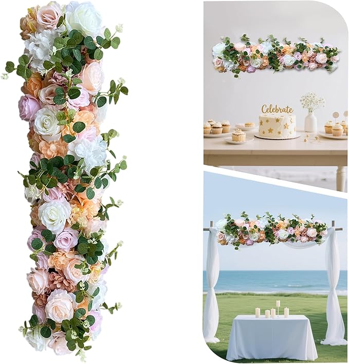 Artificial Silk Wall Flower, Wedding Arch Flower Garland Decorations, Artificial Faked Flowers Row, for Wedding Wall Backdrop Christmas Party Bridal Event Decor (Colorful,39.37 * 11.81 Inch)
