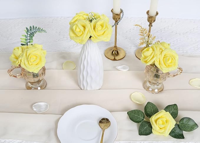 IPOPU Artificial Glitter Roses,25pcs Yellow Roses Glitter Flowers Fake Rose with Stem for DIY Wedding Bridal Bouquet Home Party Decoration(Yellow)