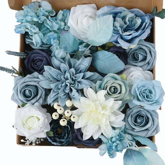 Multi Use Dusty Blue White Artificial Flowers Combo for DIY Centerpieces Arrangements Wedding Bridal Bouquet Table Chair Decor Candle Holder Baby Shower Cake Decor Flower Strips Home Décor