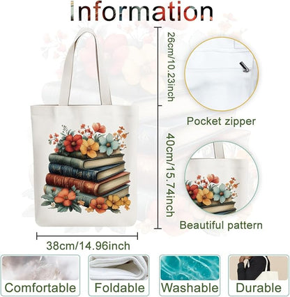 ANATTASOUL Canvas Tote Bag Flower Reusable Cotton Bag for Women, Durable Cloth Shoulder Bags with Zipper Pockets for Shopping, Vacation, Work, Gym