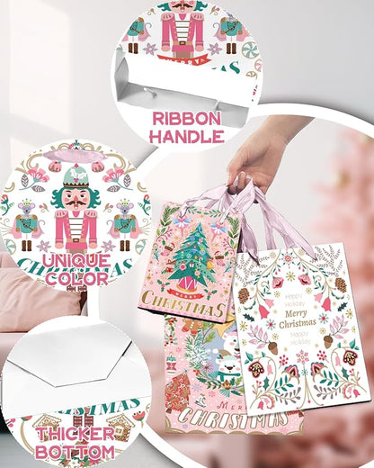qiqee 10PCS Christmas White Gift Bags with Pink Polar Bear Design(2PCS Large 5.5"x10.2"x13", 4PCS Medium 4.3"x 7.7"x 9.6", 4PCS Small 2.4"x 4.7"x 6.3", 30PCS Tissue Paper included)