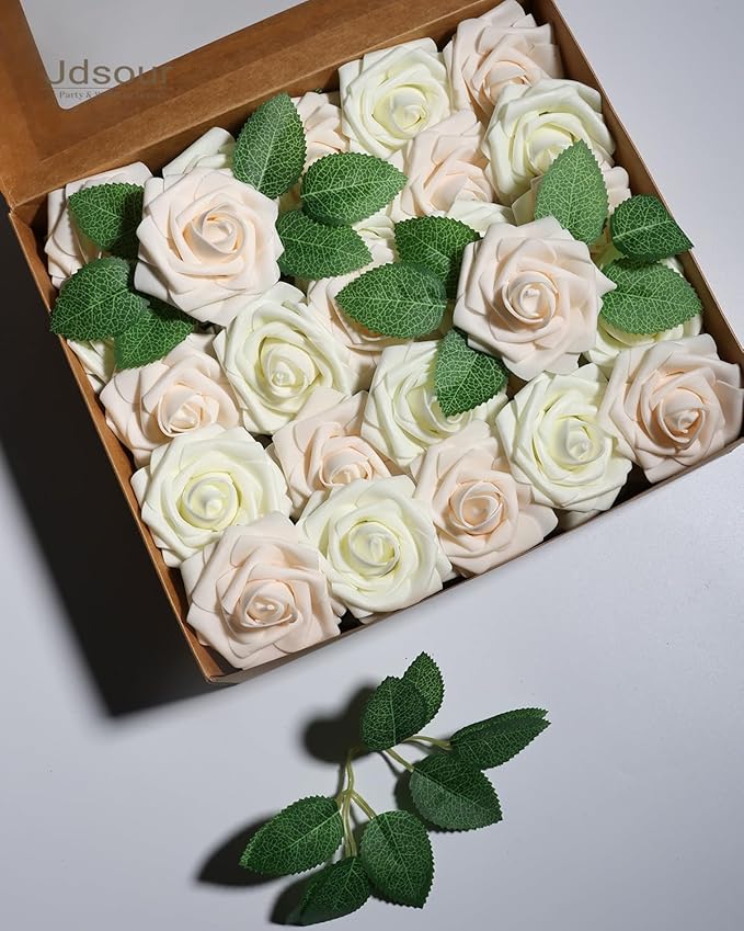 50pcs Artificial Flower，Real Touch Foam Roses w/Stem DIY for Wedding Bouquet Centerpieces Party Shower Home Decor-Ivory Cream