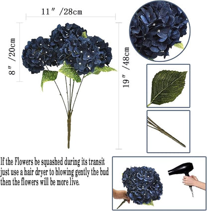 2Bouquets Artificial Fake Flowers Silk Hydrangea Arrangements Wedding Bouquets Decorations Plastic Floral Home Kitchen Garden Party Festival Bar DIY (Navy Blue)