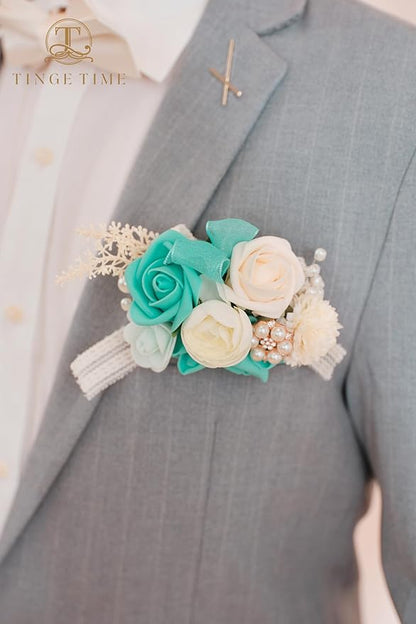 TINGE TIME Boutonniere for Men Wedding,Groom and Best Man Boutonniere for Wedding, Prom, Homecoming, Anniversary, Graduation, Christmas Dinner (1, Teal Blue & Champange)