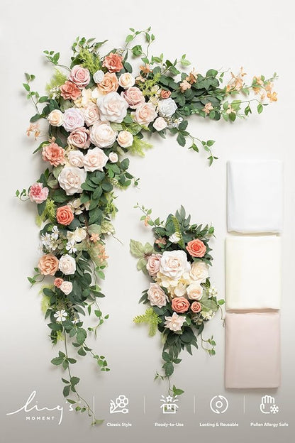 Ling's moment Wedding Arch Flowers with Sheer Drapes Kit - Artificial Spring Pink Rose Floral Arrangements for Garden Ceremony Backdrop, Arbor Decor, 5-Piece Set (2 Flower Stems + 3 Hanging Drapes)