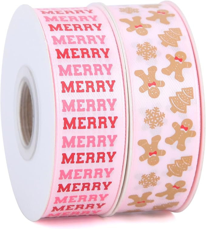 Gingerbread Ribbon 7/8 Inch 20 Yards Pink Merry Christmas Candy Cane Craft Ribbon for Gift Wrapping Wreath Bow DIY Crafts Supplies
