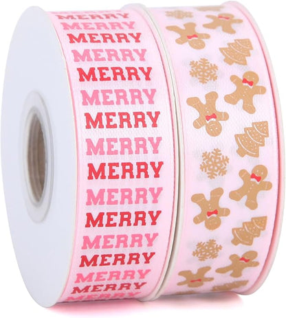 Gingerbread Ribbon 7/8 Inch 20 Yards Pink Merry Christmas Candy Cane Craft Ribbon for Gift Wrapping Wreath Bow DIY Crafts Supplies
