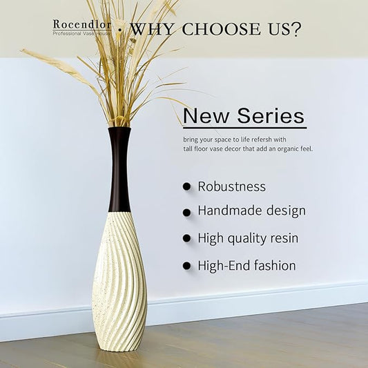 23.6 Inch Cream Tall White Vases – Brown Neck Teardrop Vase with Textured Vertical Lines & Speckled Finish, Decorative Floor Vase for Living Room, Wedding, Boho Home Decor – Resin Tall Vases