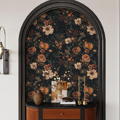 VEELIKE Retro Dark Floral Peel and Stick Wallpaper Vintage Floral Wallpaper for Bedroom Bathroom 17.7''x118'' Moody Flower Wallpapers Self Adhesive Removable Botanical Contact Paper for Cabinets Walls